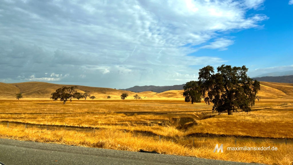 Trockene gelber Felder entlang eines Highways in Kalifornien